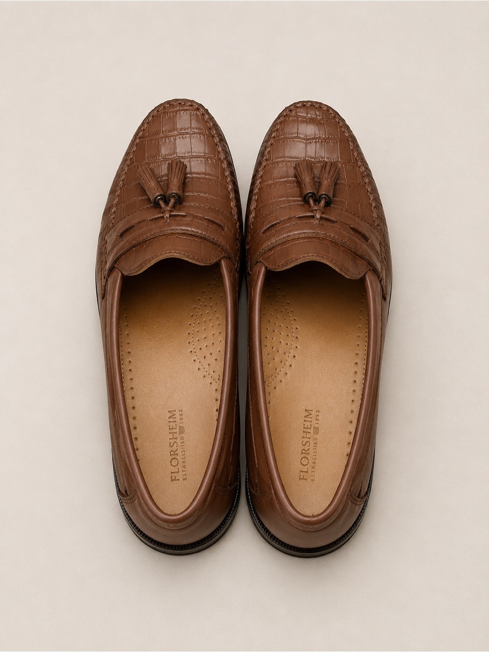 Florsheim Croc Embossed Leather Tassel Loafers Men’s 10D Brown Dress Shoes